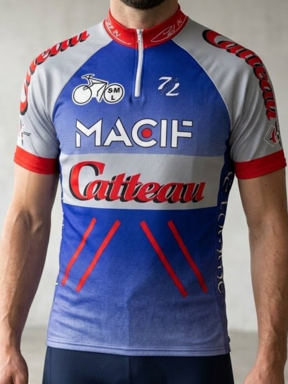Vintage 90s Cycling Jersey Speed LM MACIF Catteau France Blue Gray Bike Men's L
